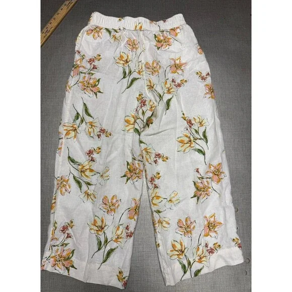 Rachel Roy Linen Pants Womens L Ivory Floral Wide Leg Elastic‎ Waist - Picture 6 of 6